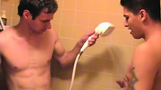 White gay caught masturbating by Latino gay and they get it on in the shower, then bed