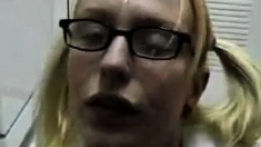 Buck teeth schoolgirl in glasses begs for facial, eats cum.