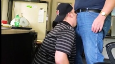 Daddy Trucker Dumps A Quick Load In Chubby Boy's Mouth...