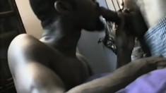 Muscled black guy bends over to receive some rough anal penetration